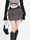 High Waist Mini Belt Denim Cargo Skirt