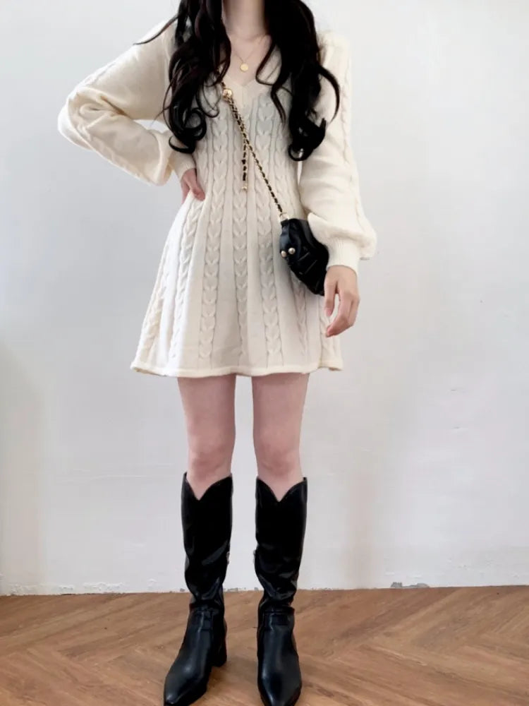 Knit Knitted Sweater Mini Dress Women Casual Lantern Sleeve Short Dresses 2023