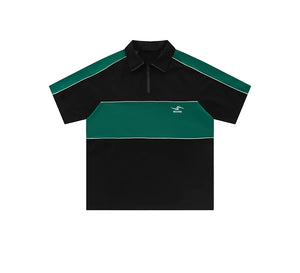 Polo Shirt Color Contrast Raglan Sleeve Summer Zip-Up
