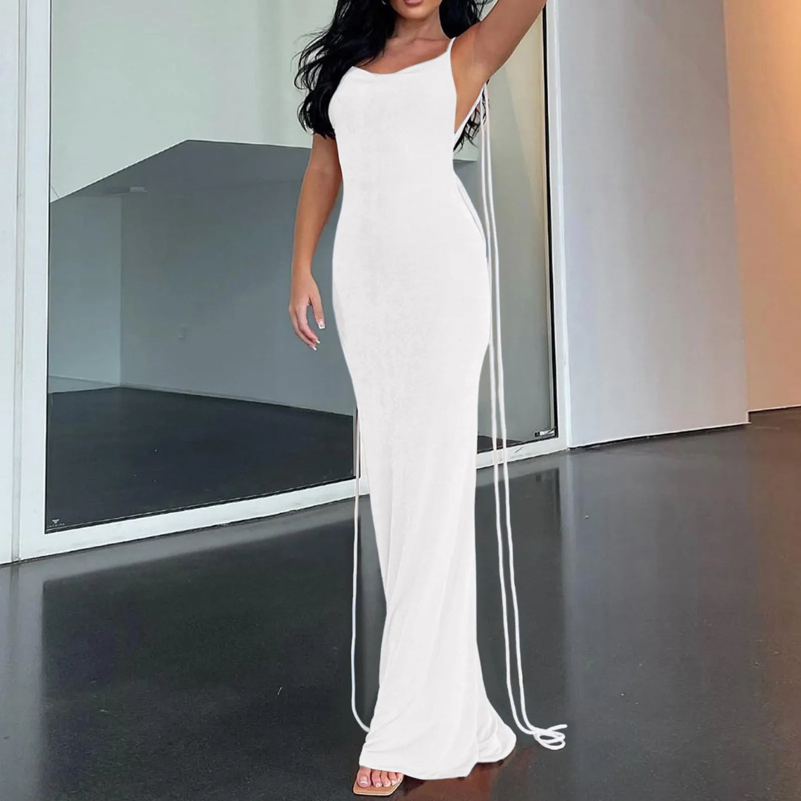 Backless Spaghetti Strap Fishtail Maxi Dress