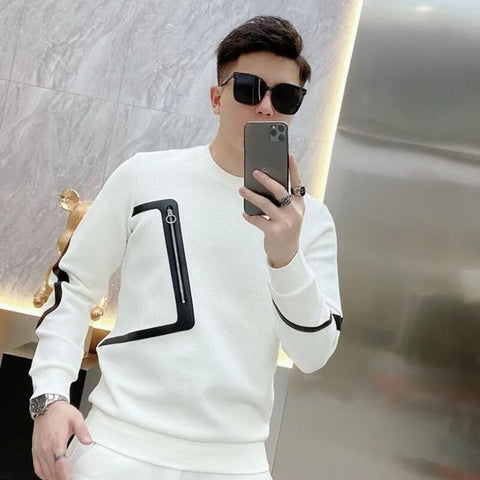 Men's Sweatshirt Without Hoodie: White Pullover with Elegant Splicing Design