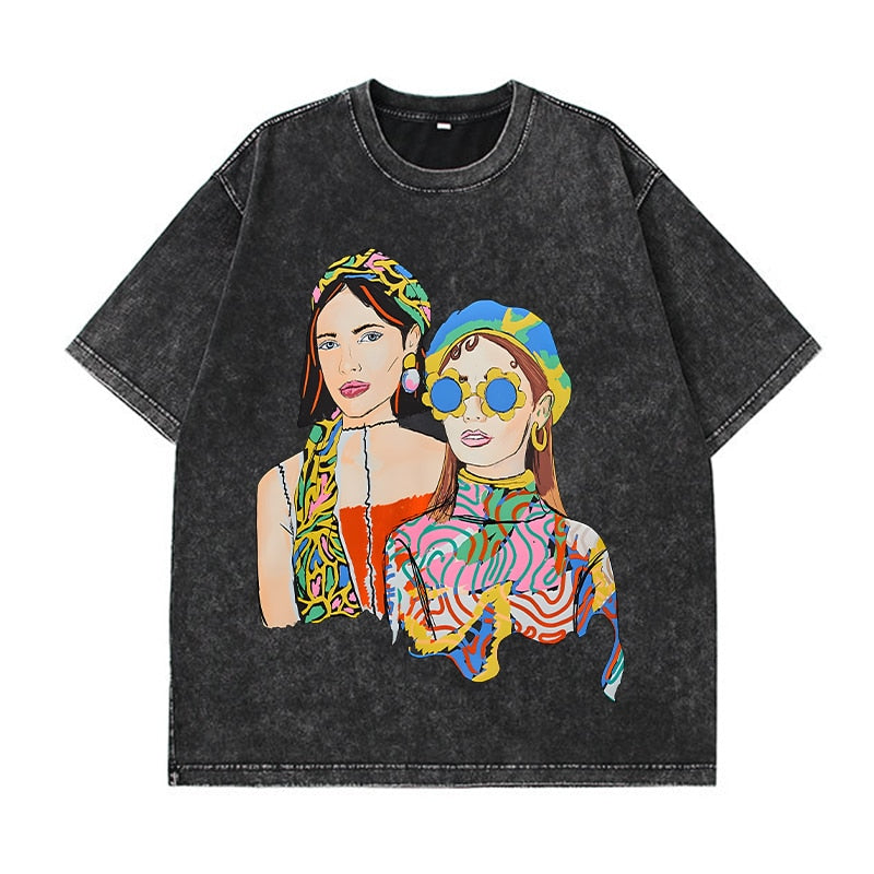 Graphic Print Streetwear T-shirt Y2K Woman's Oversized Short Sleeve Casual Tee Soft Vintage Washed Cotton Top