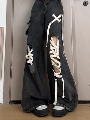 Female Wide Leg Pants American Simple Washed Distressed Fashion Women Jeans