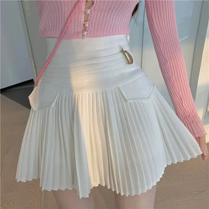 Women's White Pleated Mini Skirt High Waist A-Line