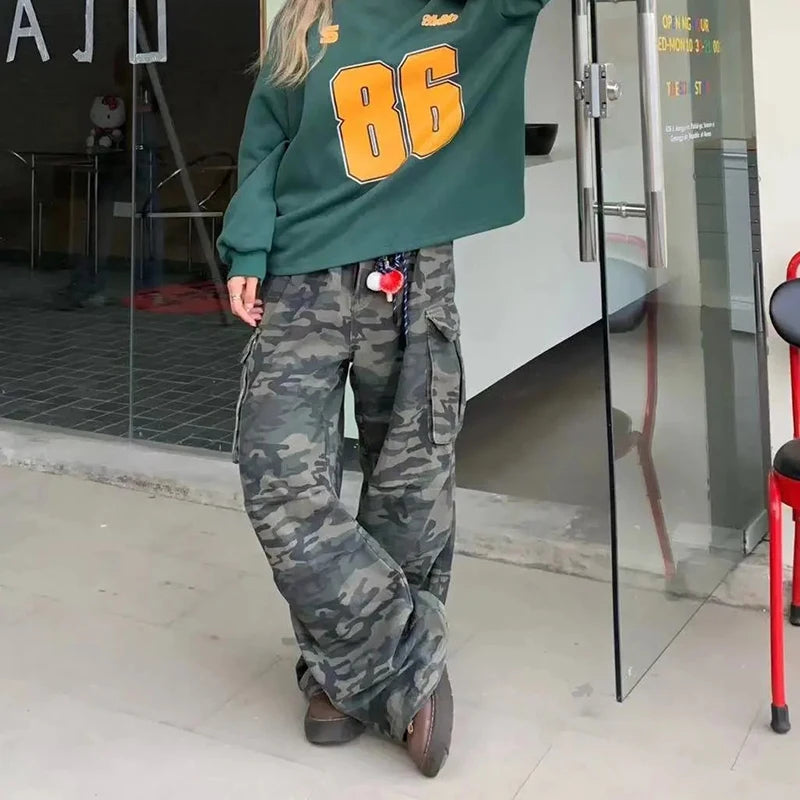 Women Y2K Camouflage Cargo Jeans Vintage High Waist Hip Hop