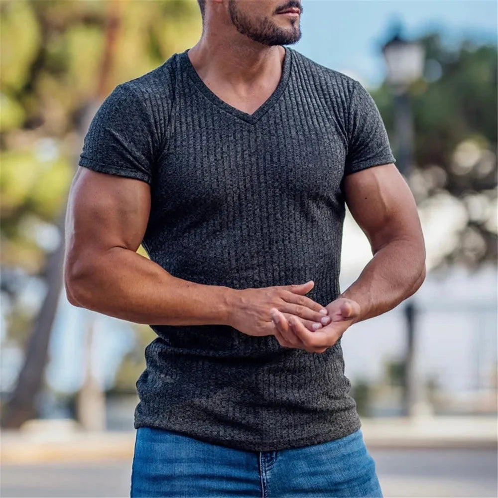 2024 V Neck Sports T-Shirt Fashion Man Short Sleeve Casual