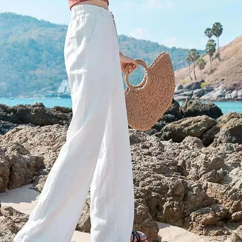 Summer Baggy Cotton Linen Pants Women High Waist White Wide Leg Pants Trousers
