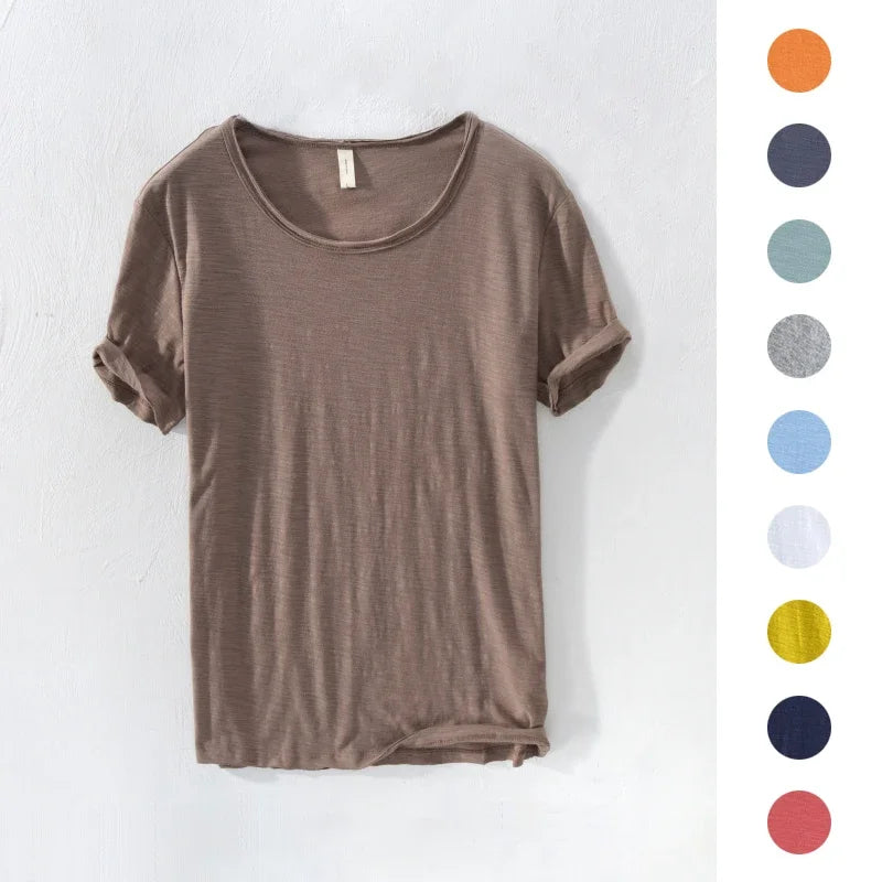 100 Cotton Retro Raw Edge T-shirt Lightweight Breathable Slim-fit