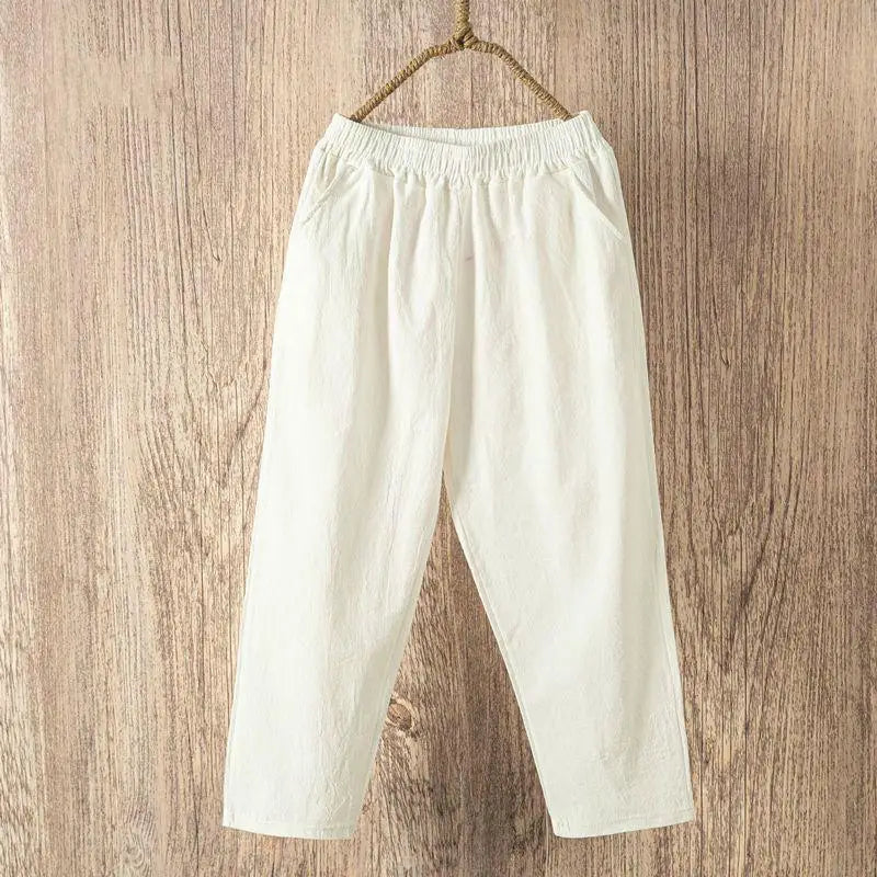Women Casual Loose Harem Elastic Waist Cotton Linen Pants Ninth Trousers