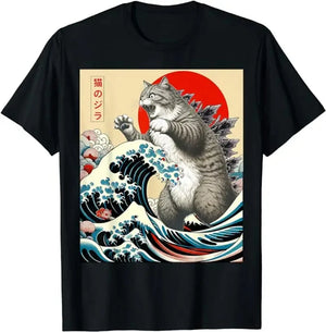 Catzilla Cat Japanese Art Funny Cat Gifts for O-Neck Short Sleeves