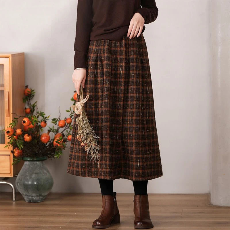 Vintage Plaid High Waisted Woolen Skirt for Women