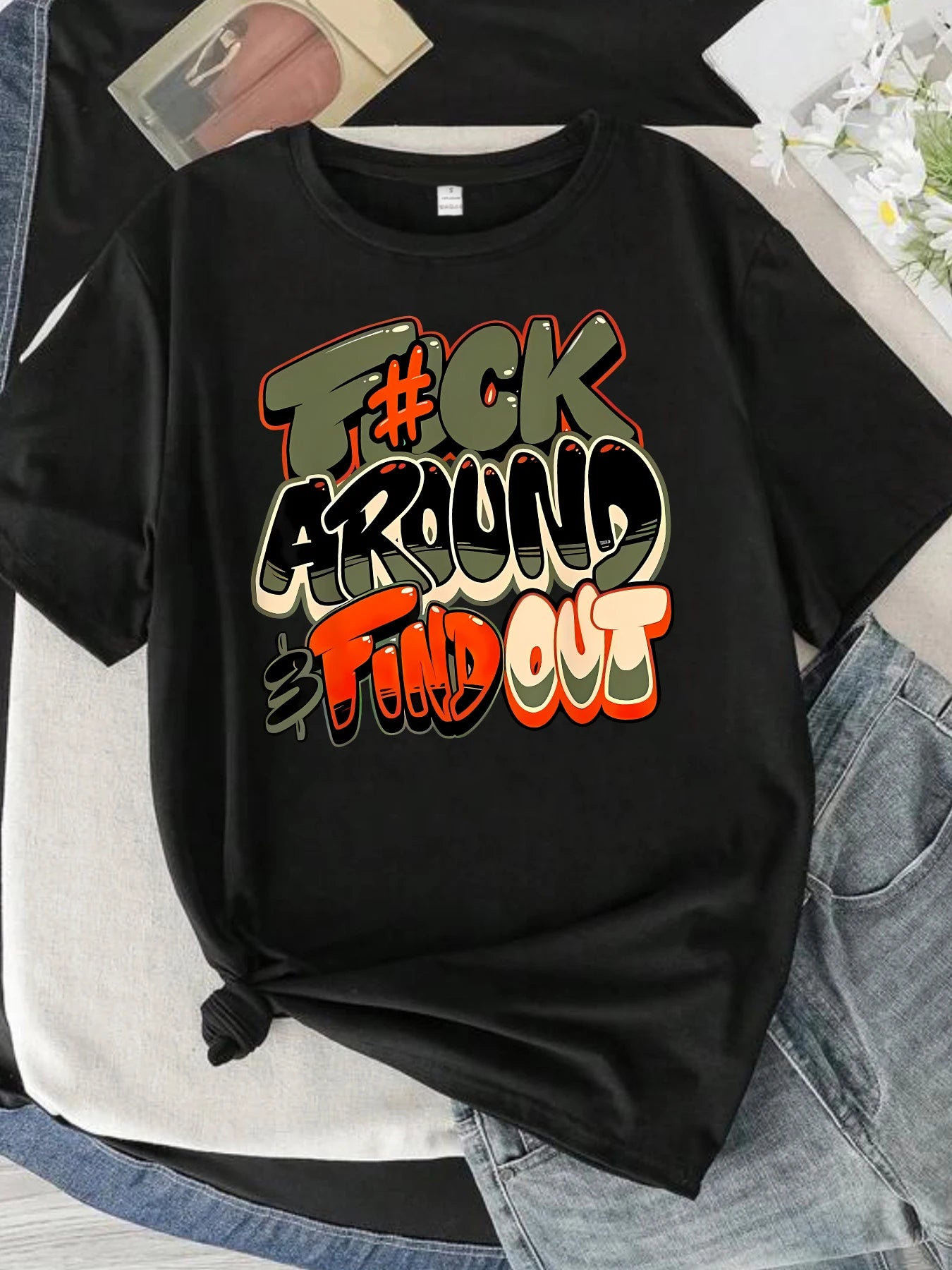 Around letter pattern round neck women T-shirt short sleeve