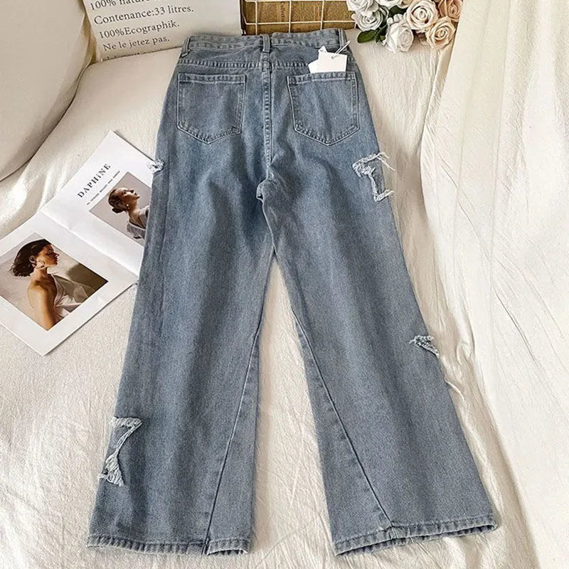 Harajuku Retro Star Women 2024 Straight Denim Street Loose Wide Leg Trousers