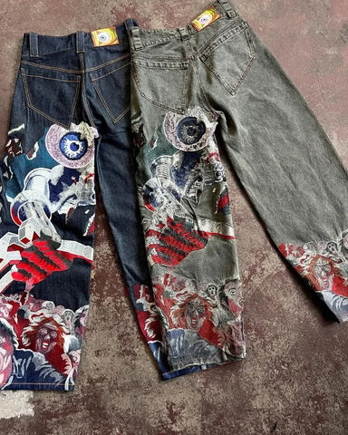 Hip Hop Punk Embroidered Baggy Jeans: Y2K Retro Style