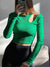 Autumn Winter Ribber Knitted T Shirts Women Green Spring Cut Out