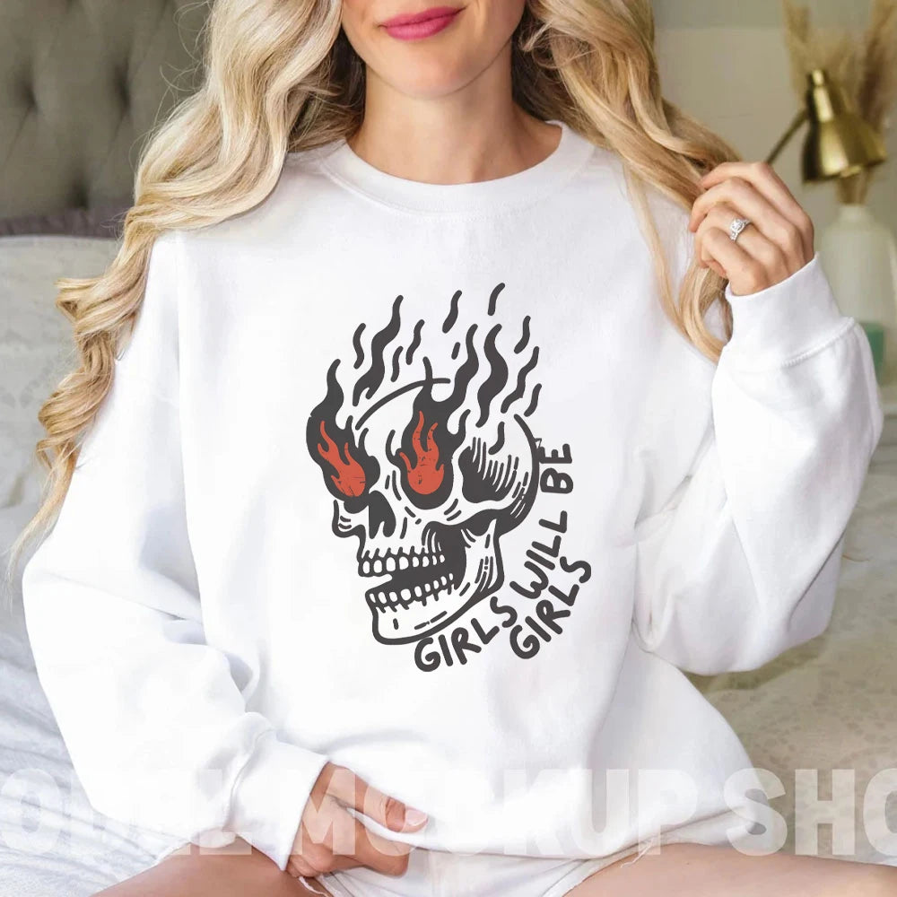 Girls Will Be Girls Womens Clothing Skull Vintage Graphic Hoodie