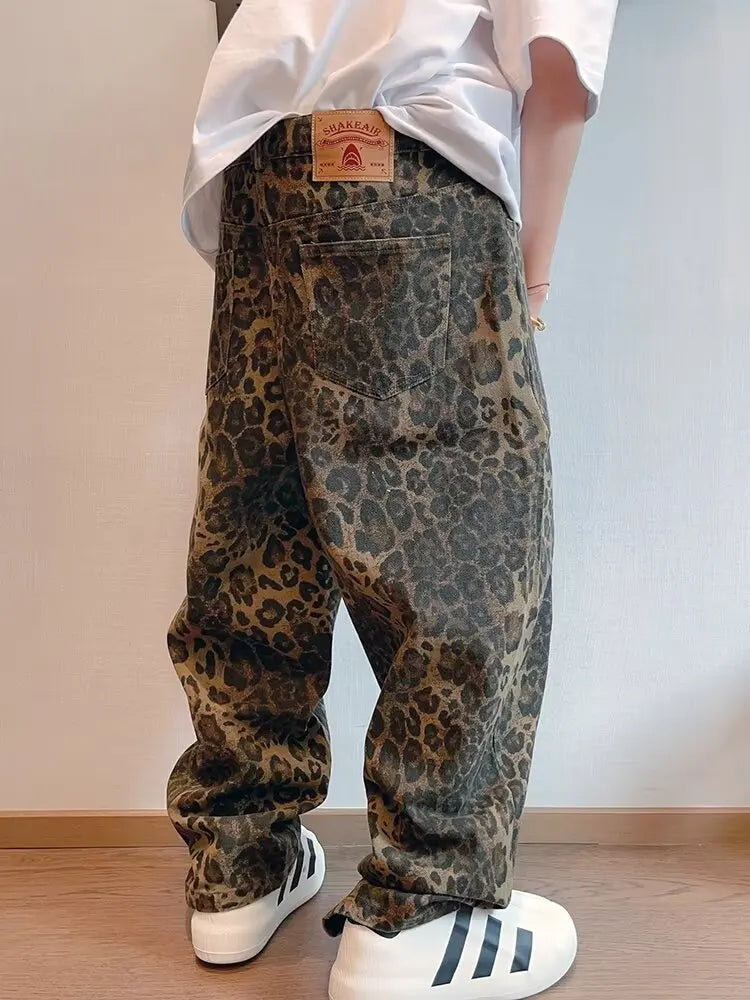 Leopard Jeans Men Denim Pants Oversize Wide Leg Trousers Streetwear