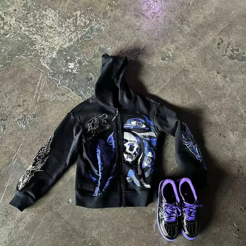 Y2K Gothic Skull Zip Hoodie - American Hip Hop Harajuku Cotton Sweatshirt