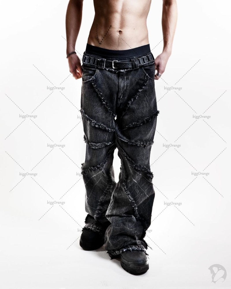 2023 Retro Vibes: Oversized Black Denim Jeans with Raw Edge Finish