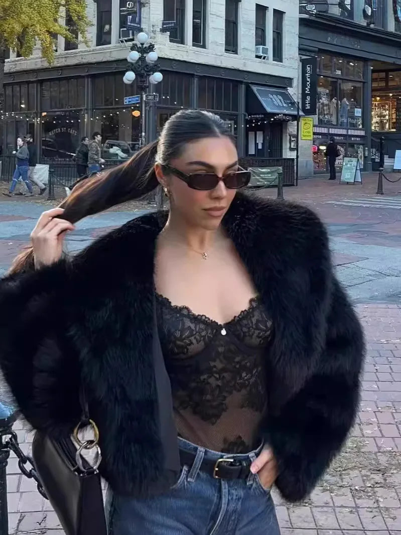 2024 Damen Kurz Kunstpelz Jacke Schick Langarm Mantel
