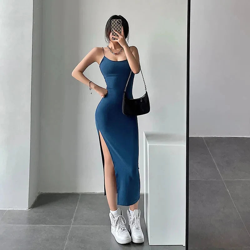 Sleeveless Slim High Split Spaghetti Strap Bodycon Dress