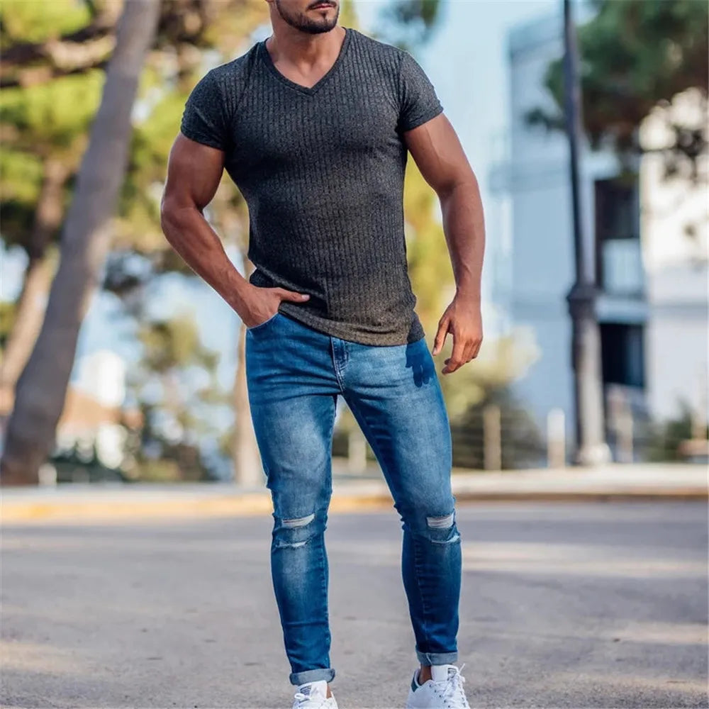2024 V Neck Sports T-Shirt Fashion Man Short Sleeve Casual