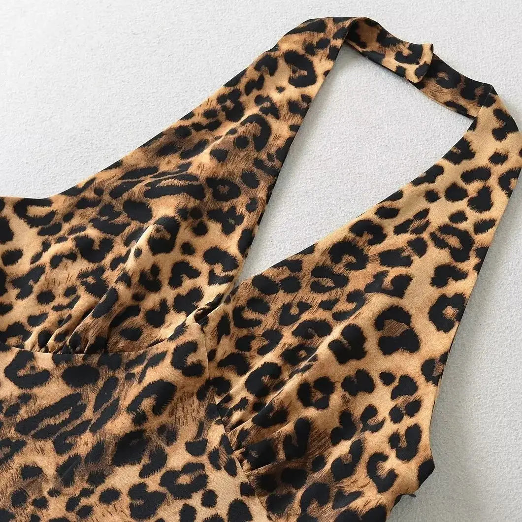 Sleeveless V-NeckHalter Leopard Print Mini Dress