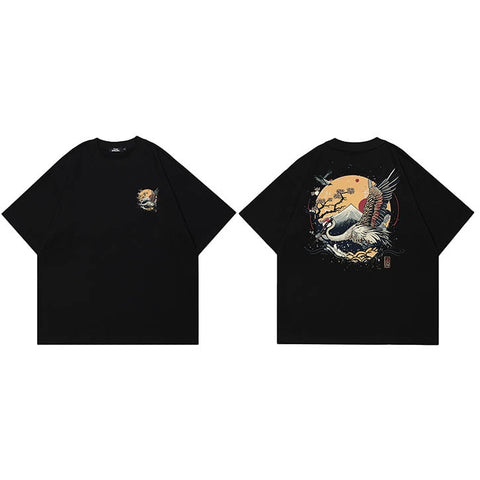 Japanese Crane Men's Hip Hop Aesthetic Graphic Cotton T-shirt