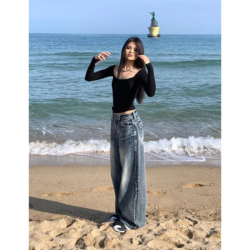 2024 Y2K Blue High Waisted Wide Leg Jeans Women Vintage