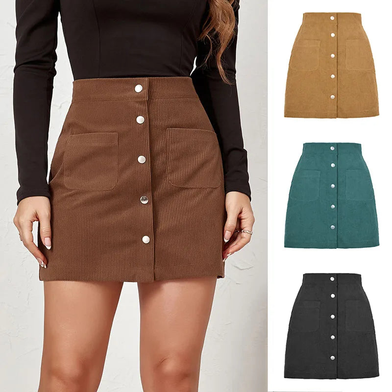 High-Waist Vintage Corduroy Mini Skirt for Women