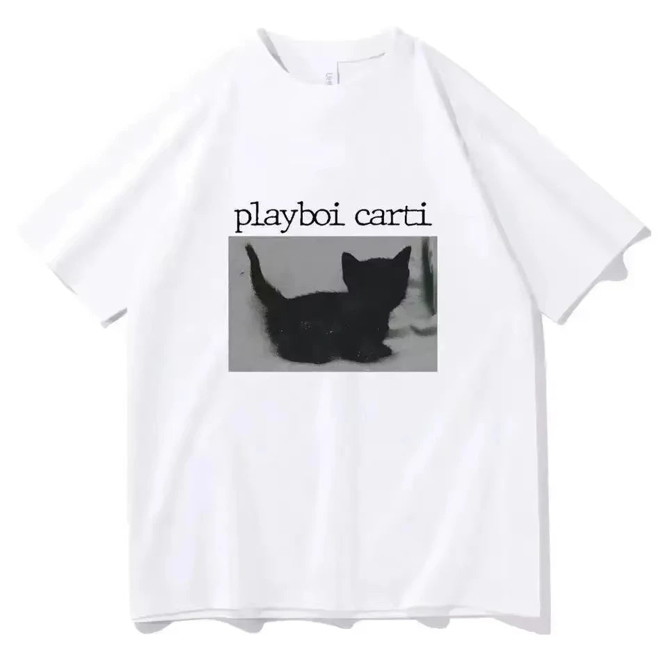 Playboi Carti  T Shirts Cute Cat Harajuku Print Tee Regular Mens Rapper