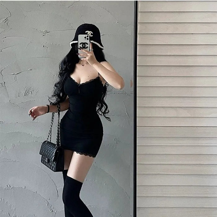 Y2K Retro Lace Spaghetti Strap Black Bodycon Dress