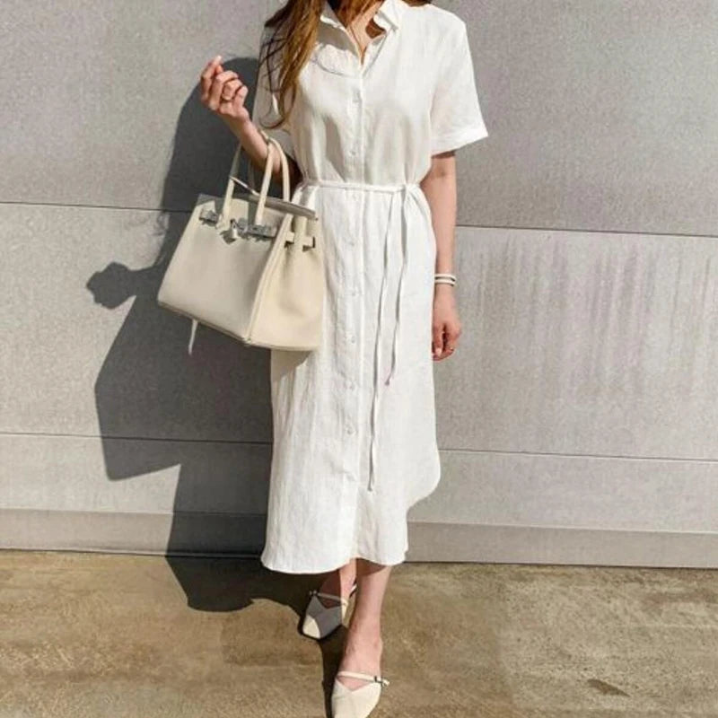 Cotton and Linen Long Dress Fashion Polo Neck Single Breasted Shirt