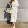 Cotton and Linen Long Dress Fashion Polo Neck Single Breasted Shirt