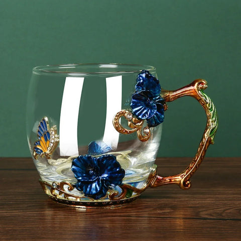 Tea Cup Heat Resistant Coffee Mug Butterfly Flower Water Cups Clear Glass