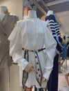 Youth Elegant Off Shoulder Women Dongdaemun Puff Sleeve Blouses Belted 2024
