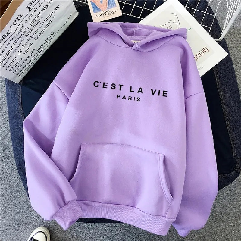 C'est La Vie letter print new hooded sweater women's spring long-sleeved lazy style loose