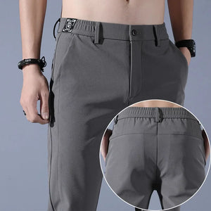 Men's casual pants, semi elastic waistband, nylon ice silk elastic straight tube