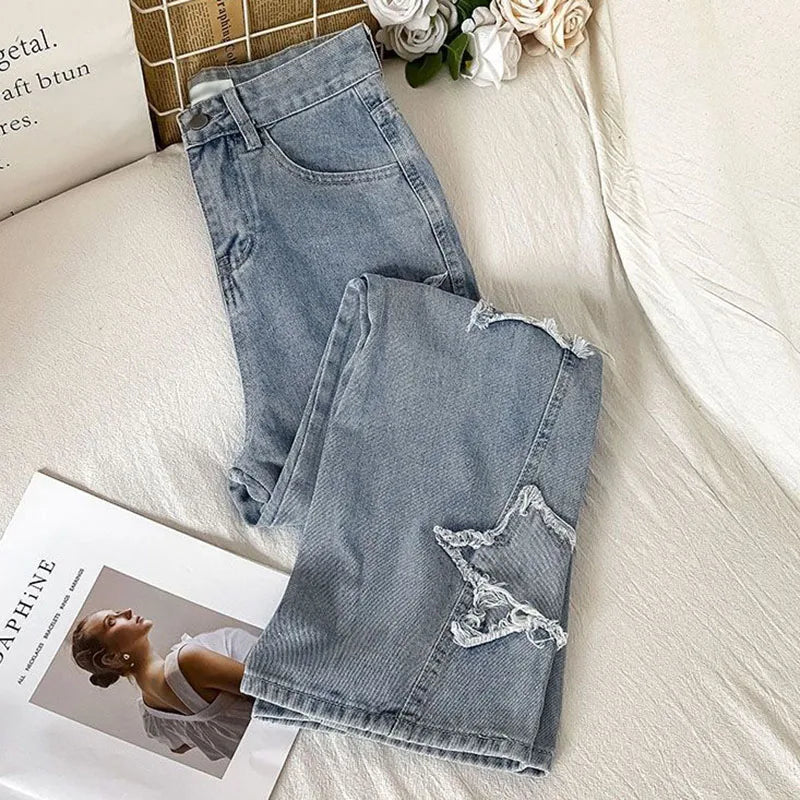 Harajuku Retro Star Women 2024 Straight Denim Street Loose Wide Leg Trousers