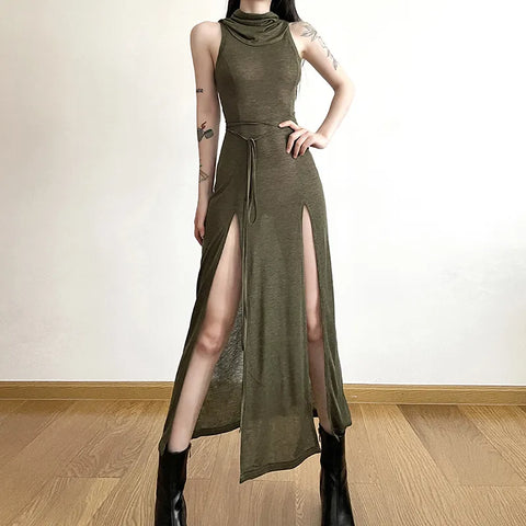 Dark Cyber Gothic Hooded Midi Dress - Y2K Punk Streetwear