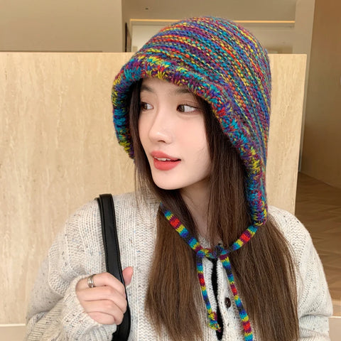 Winter Ear Protection Woolen Hat Rainbow Stripe Knitted Headgear Korean
