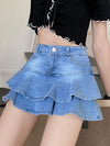 Trendy Layered Denim A-line Mini Skirt Pockets