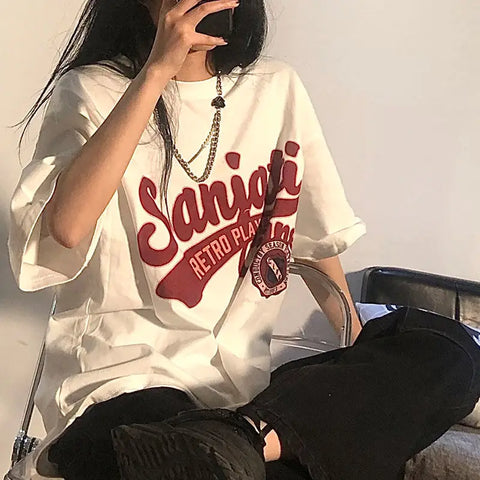 Y2K Inspired Women's Loose Fit White Tee - Harajuku Style