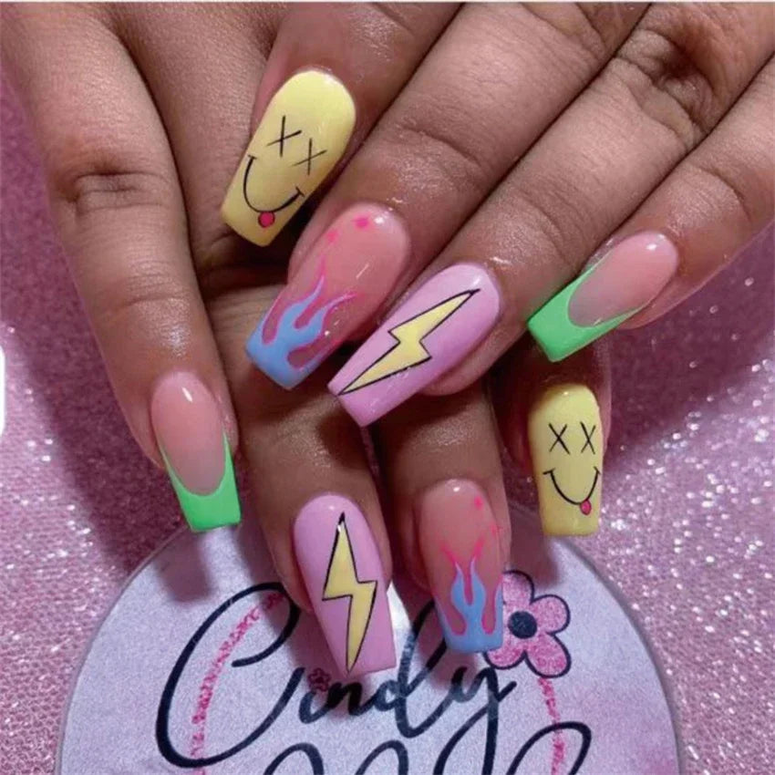 Colorful Glossy Acrylic Press On Nails Long Coffin Tips