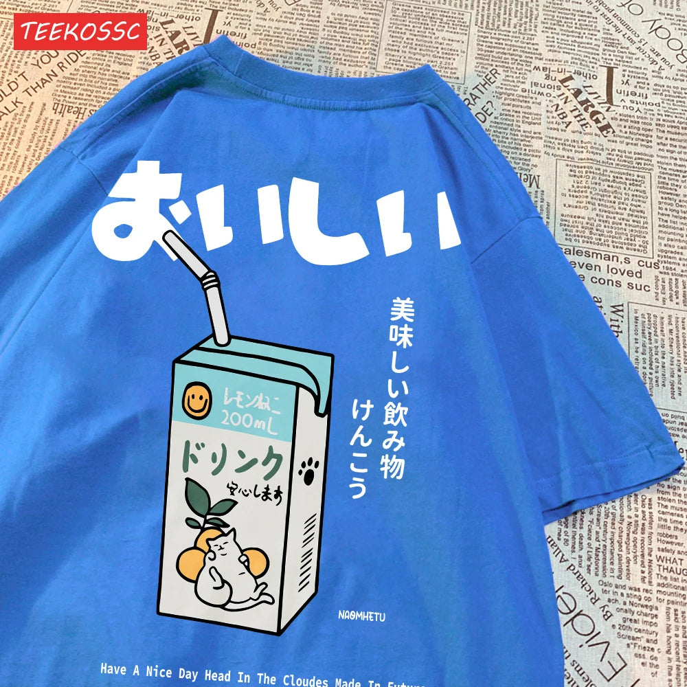 Cute Japanese Cat Print Oversized T-shirt Women Short Sleeve Harajuku Clothing