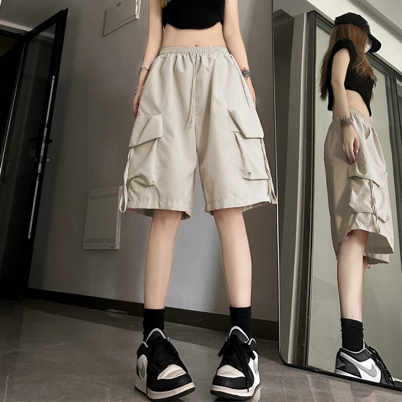 Y2K Cargo Shorts Women Harajuku Oversized Wide Leg Shorts Streetwear Fashion