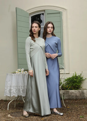 Elegance satin dress + knitted top match set maxi floor lenght clothes