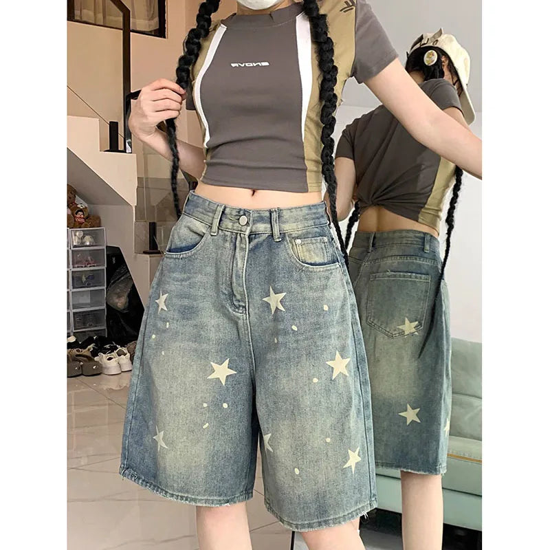 American Style Vintage Women's Short Jeans High Waisted Washed Wide Leg