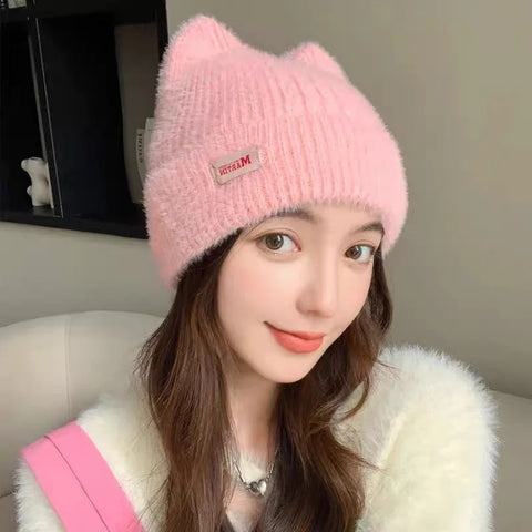Winter Cat Ear Knitted Hat - Kpop Style Beanie for Women