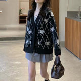 Knitted Argyle Heart Pattern Jacquard Sweater Long Sleeve